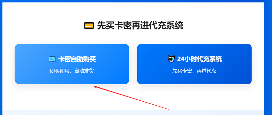 网站首页,突出“卡密自助购买”按钮
